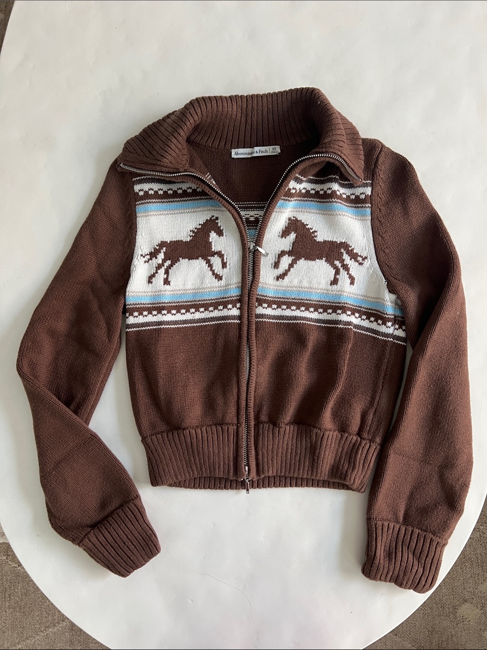 Abercrombie & Fitch Double Zip Foldover Collar Horse Graphic Cardigan Brown XS - Picture 2 of 7